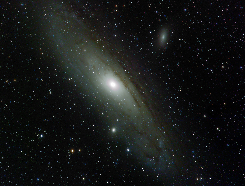 Messier 31, the Andromeda Galaxy, with M32 (below) and M110 (upper right), taken by Jim Mazur.