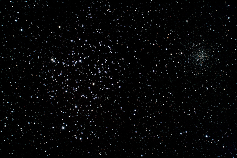 Messier 35 (on left) and NGC 2158 (on right), two open clusters in Gemini.  Photo by Jim Mazur.