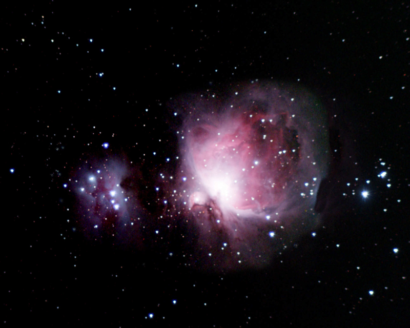 Messier 42 and 43 (the Orion Nebula) and NGC 1422 (the Running Man Nebula, on left).  Photo by Leo Taylor (Orion ST-80, SBIG ST4000XCM, 1 min x 54 exposures and 20 secx 43 exposures).