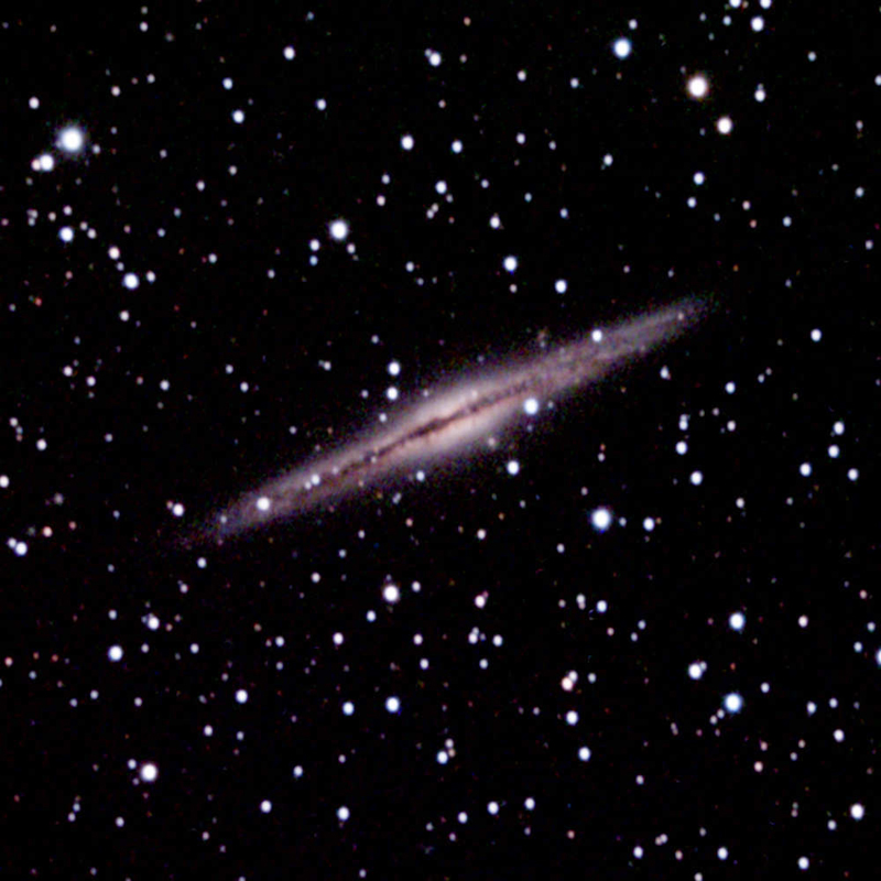 NGC 891, an edge-on galaxy in Andromeda.  Photo by Leo Taylor (Meade 2080 8-inch f/10 SCT, f/6.3 reducer, SBIG ST4000XCM, 10 min x 13 exposures).