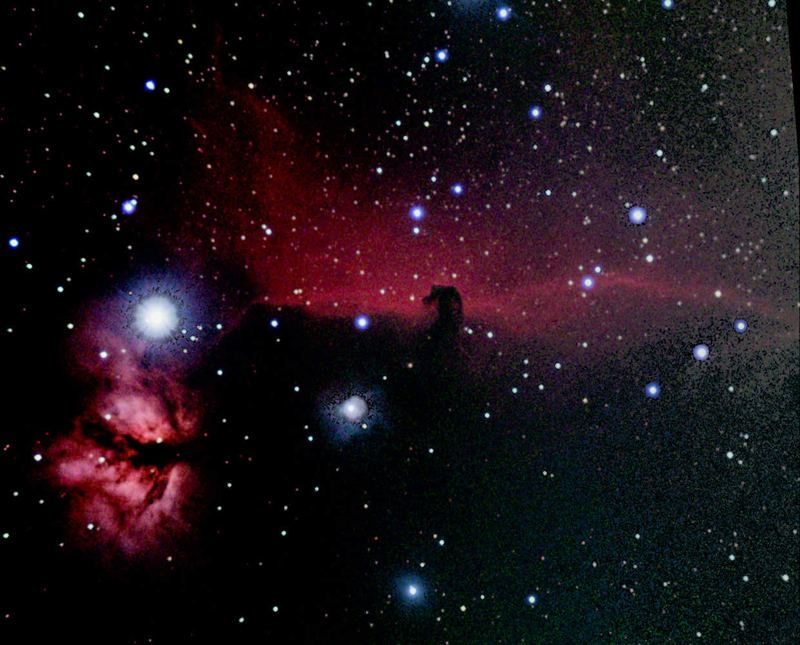 NGC 2024 (Flame Nebula) and B 33 (Horsehead Nebula) in Orion.  Photo by Leo Taylor (Stellarvue Nighthawk, SBIG ST4000XCM, 3 min x 38 exposures).