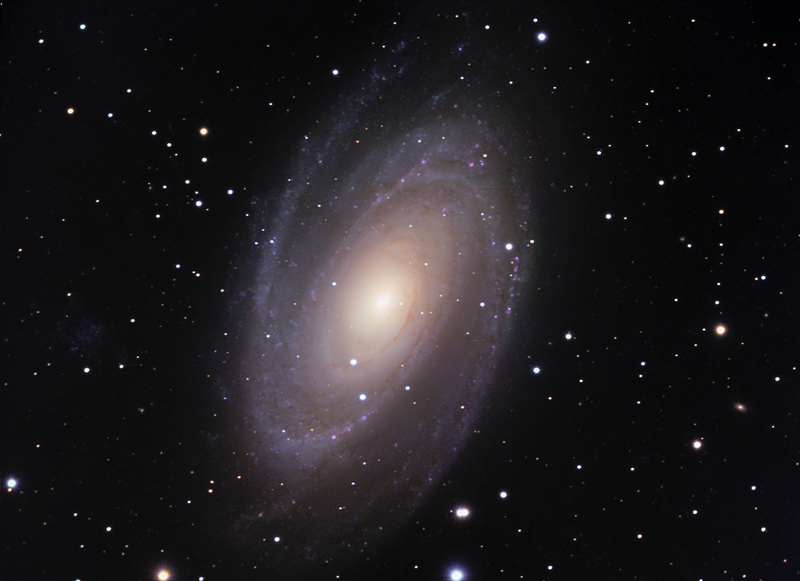 Messier 81 (Bode’s Galaxy) in Ursa Major, and dwarf galaxy Holmberg IX (on left) Exposure times of 150 minutes luminance and 30 minutes each of red, green, and blue. 