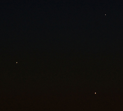 Mercury and Venus, and Jupiter May 2013 Mercury is upper right, Venus lower right, Jupiter left center. Pentax K100D DSLR, Tandon 200MM Zoom 