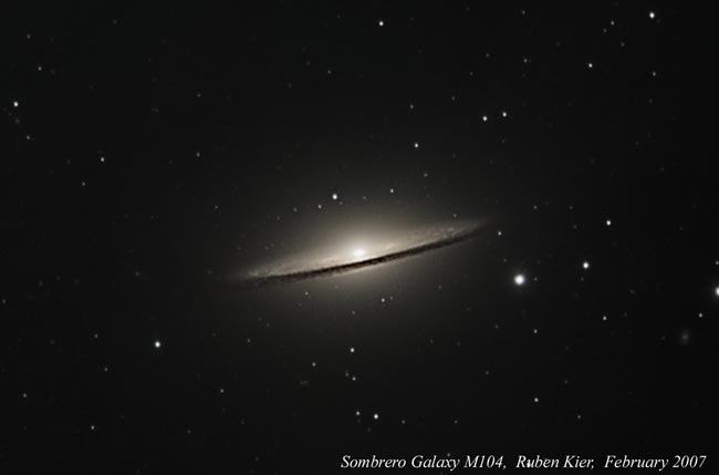 Photo by Ruben Kier
March 2007, M104 Sombrero Galaxy, an LRGB image taken with a ST10XME through a Meade 12" LX200R.
