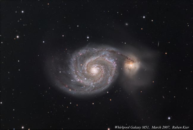 Photo by Ruben Kier
March 2007 - M51 Whirlpool Galaxy LRGB image taken with
A ST10XME through a 12" Meade LX200R.
