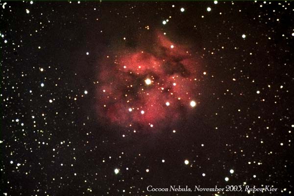 Taken by Ruben Kier with a C8 at f/10, SBIG ST-10
Cocoon Nebula in Cygnus
LRGB exposures of 39,15,18,20 minutes. All exposures were binned 3x3

