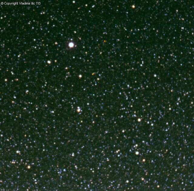 Section of the constellation Lyra by Vladimir Ilic
Taken from Mohawk Mountain State Forest, Goshen CT
Vivitar 3800N camera, 50mm f/2 lens, Kodak HD400 film, CG-5 mount
3 * 15 min exposures, processed with AstroArt 3.0 and Photoshop
