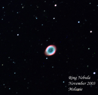 Taken by Melanie Kier with Celestron 8 in SCT
M 57 "Ring Nebula" in Lyra
ST10-XME camera with R=10, G=8, B=12 min
