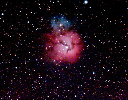 Photo by  Leo Taylor
M 20 "Trifid Nebula" in Sagittarius
Meade 2080 8 in SCT, f6.3 reducer, Pentax K110D DSLR, 2 min x 38 exposures.


