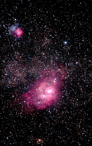 Photo by Alan Chaniewski
Nebulas Lagoon M 8 and Trifid M 20 taken by Alan Chaniewski
Modified Canon 20 d camera, 400mm Nikon Lens 2 minute exp * 4
Combined in ImagesPlus, Tweaked in PS 7

