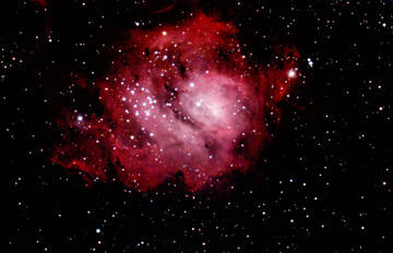Photo by  Leo Taylor
M 8 "Lagoon Nebula" in Sagittarius
Meade 2080 8 in SCT, f/6.3 reducer, Pentax K110D DSLR, 2 min x 53 exposures.

