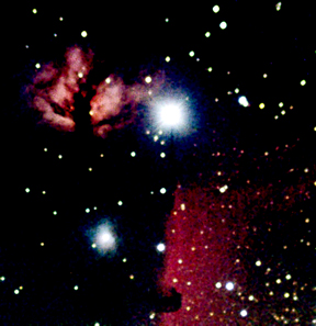 Photo by Leo Taylor
The Flame, and Horsehead Nebulas in Orion - Taken with a Stellarvue Nighthawk, Pentax K110D camera, with a 2 minute exposure x 29.

