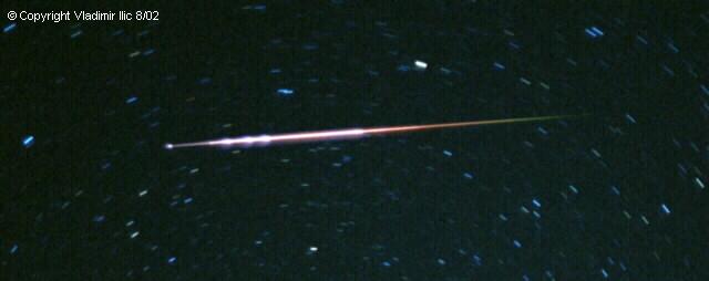 Perseid meteor taken by Vladimir Ilic
Taken 8/13/02 from Mohawk Mountain
Zenit TTL 50mm F2.8 Lens, Stationary, Kodak 800 Max 10 min
