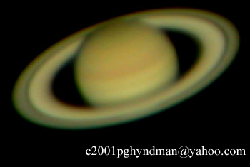 Saturn by Paul Hyndman
Taken with a 8" f/5.9 Mak-Newt using
a Nikon CoolPIX 995 afocal with 9mm Nagler 
